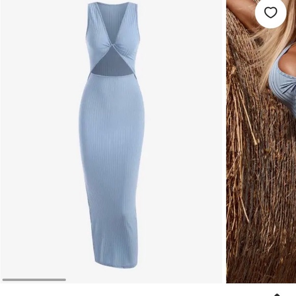 Rib-knit Twist Cutout Split Side Slinky Tank Dress - Light Blue M - Picture 2 of 2